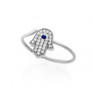 SILVER HAMSA PAVE CUBIC ZIRCONIA ADJUSTABLE RING